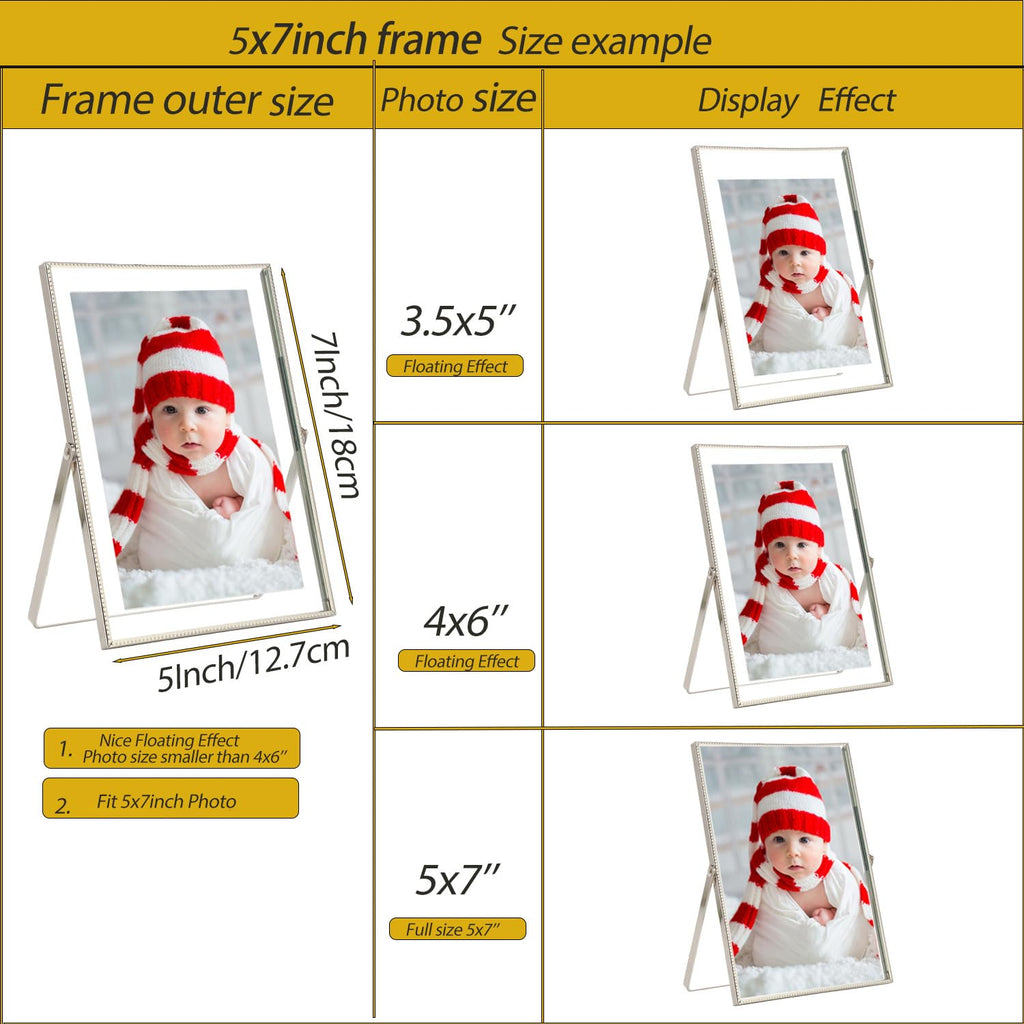 Silver Floating Frame 5x7" Set of 2 for picture 3.5x5'', 4x6'', Beautiful Metal rounded Edge Frames Adjustable