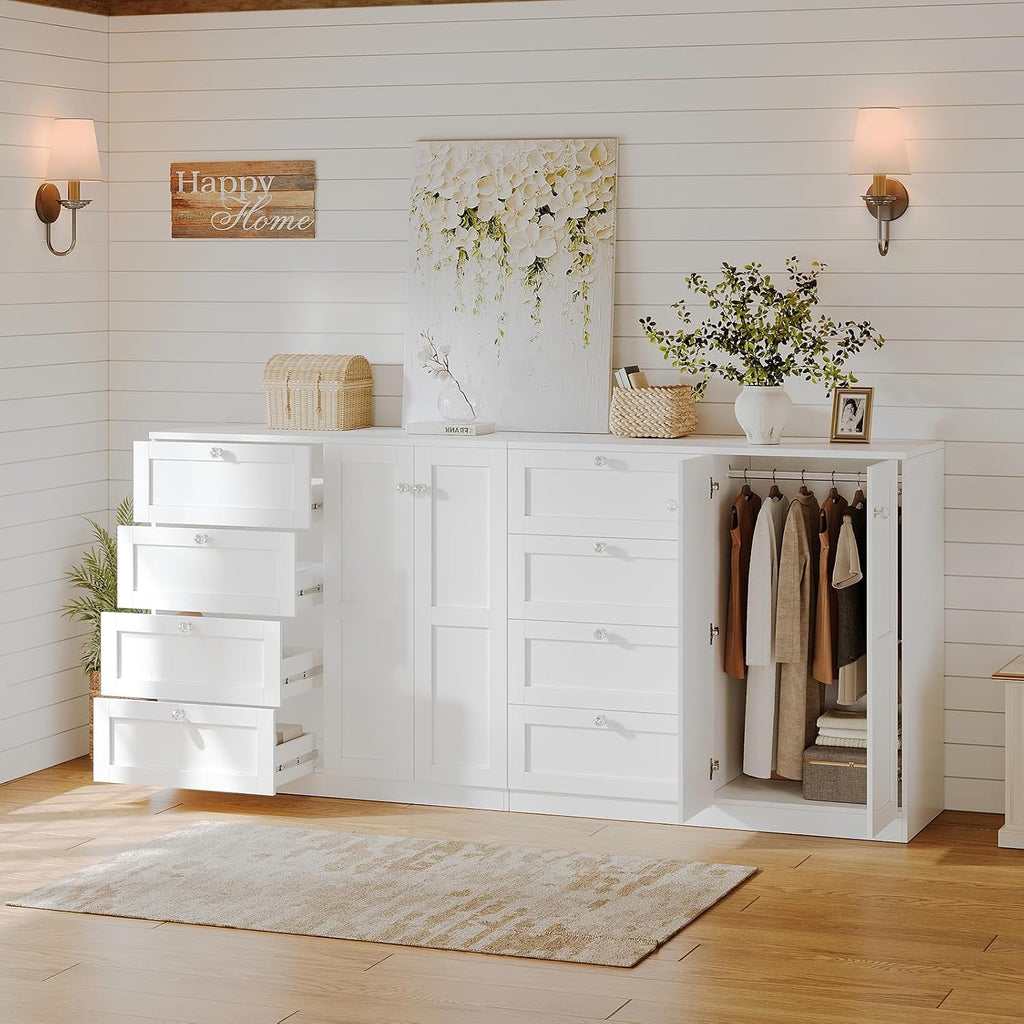 43''H Armoire Wardrobe Closet with 4 Drawers and 2 Doors | Small Clothing Storage Cabinet Dresser with Hanging Rod