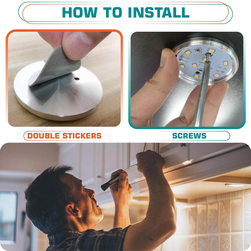 Small LED Puck Lights for Uplight or Downlight, 120V Hardwired & Plug in Cabinet Lights Kit, Wireless RF Remote