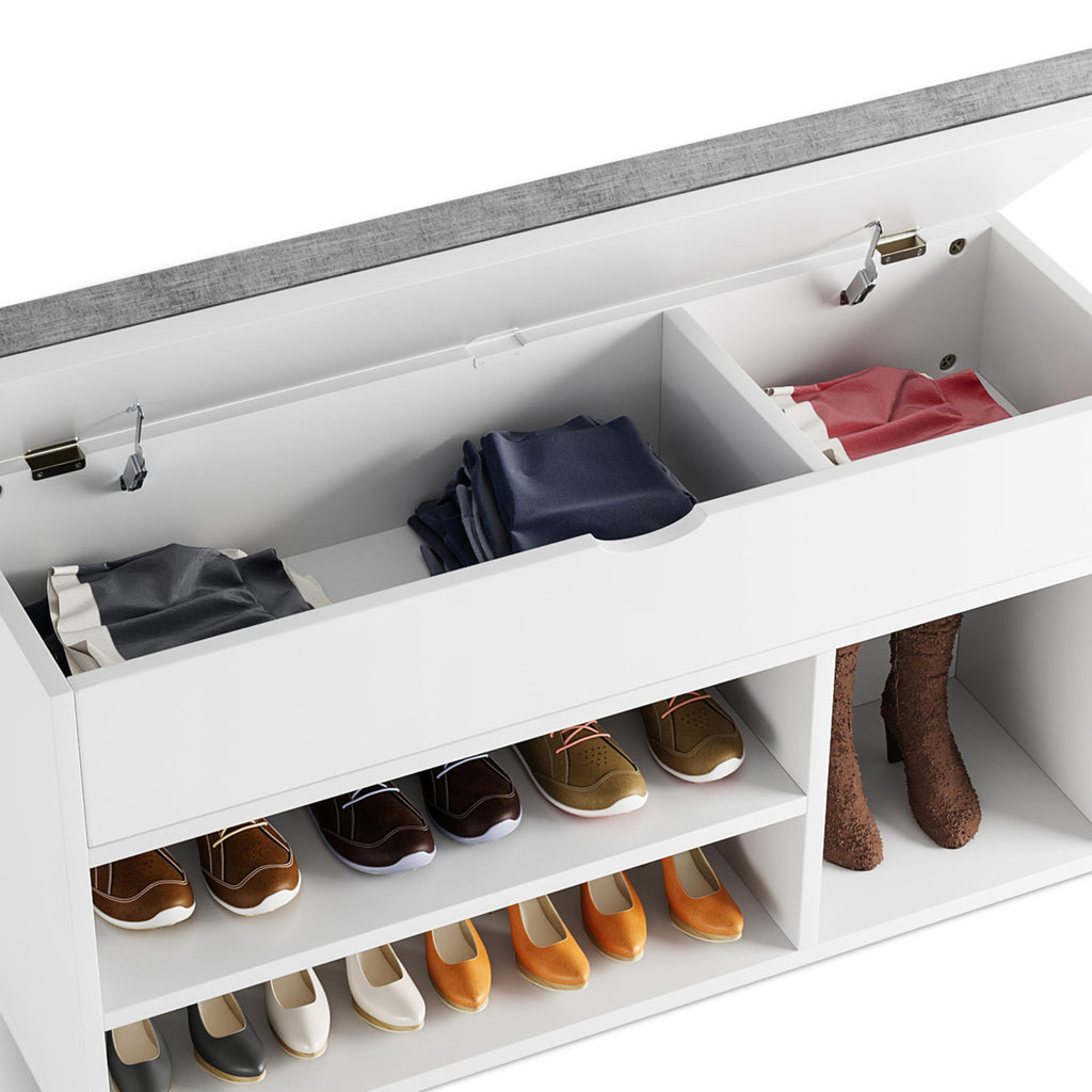 Shoe Storage Bench with Cushion, Entryway Bench with Lift-Top Storage Box and 2 Tiers Open Shoe Rack, Wooden Shoe