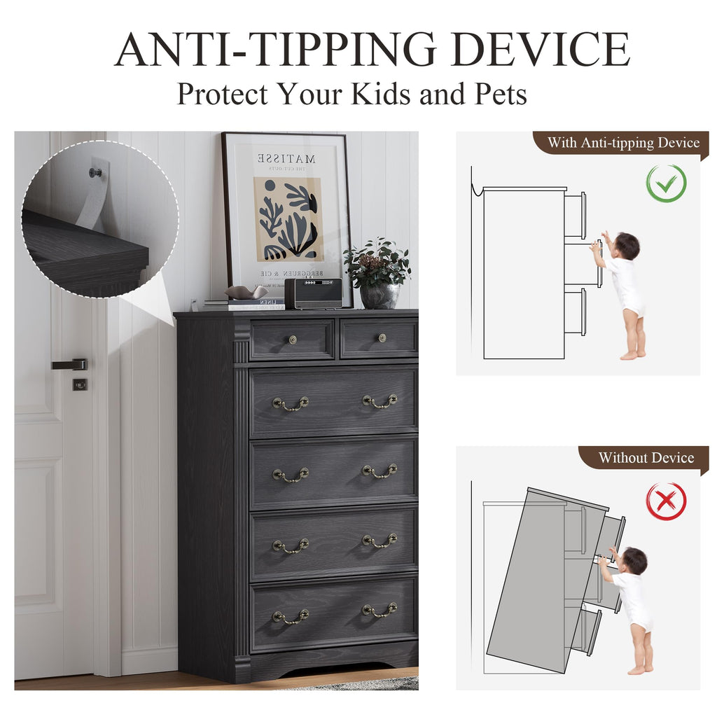 Grey 6 Drawer, 47" Tall, Wood Rustic Chest of Drawers with Chic Wood Pilasters, Dressers Organizer