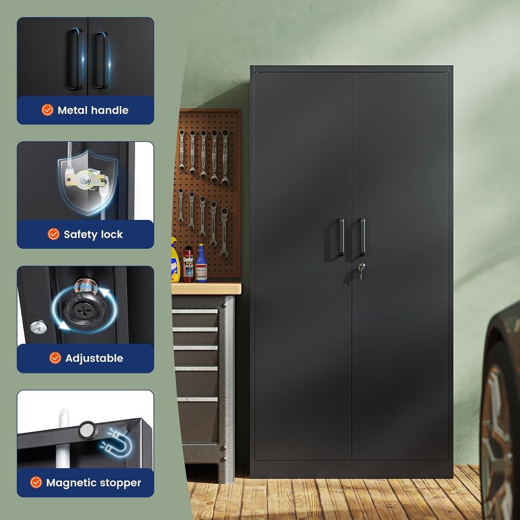 Metal Garage Storage Cabinet with 2 Doors and 5 Adjustable Shelves - 71" Steel Lockable File Cabinet,Locking Tool