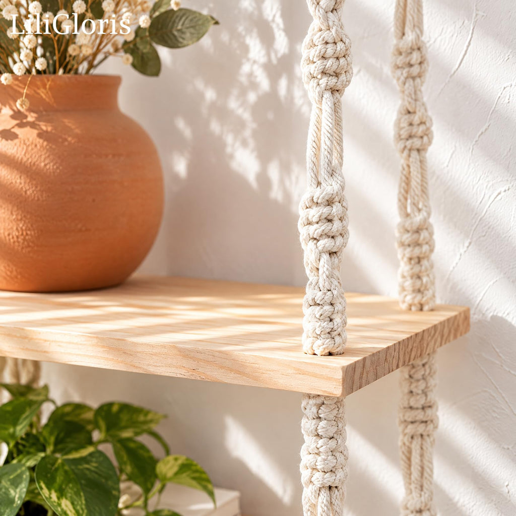 3-Tier Boho Hanging Shelves for Wall - Rustic Floating Wood Shelves with Rope, Macrame Plant Shelf Organizer Decor