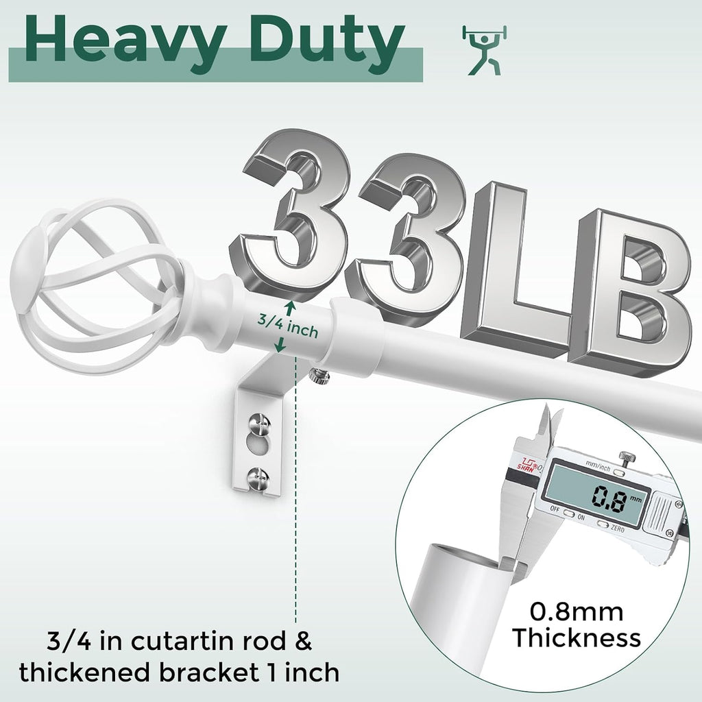 White Curtain Rod, Decorative Curtain Rods for Windows with Twisted Cage Finials, 3/4" Adjustable Heavy