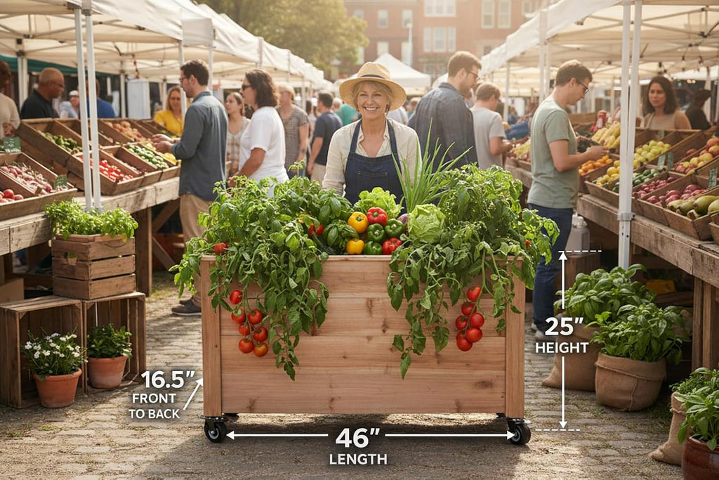 Tall Cedar Planter Box with Locking Wheels - Mobile Raised Garden Bed , Balcony & Business Entrances - Wooden Planter