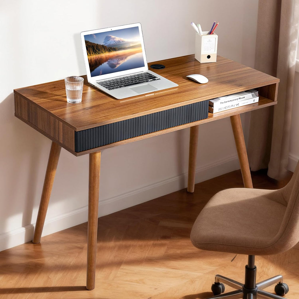 Mid Century Modern Office Desk with Drawer & Open Cubby, 42.5" Walnut Writing Desk with Cable Grommet, Solid Wood Legs