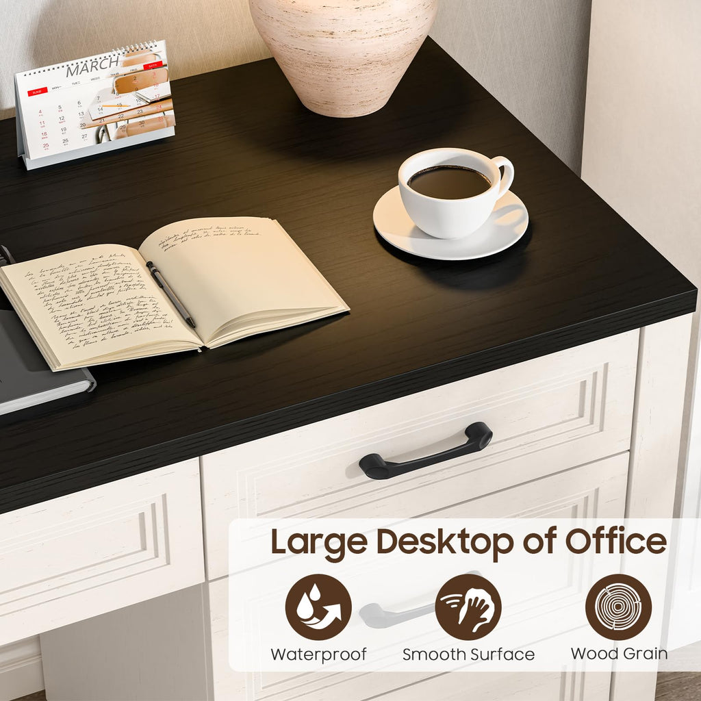Farmhouse Executive Desk with Storage and Ample File Drawer, Rustic Large Home Writing Desk, Black