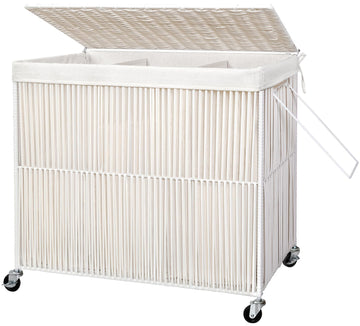 Laundry Basket 3 Section, Handwoven Laundry Hamper with Wheels