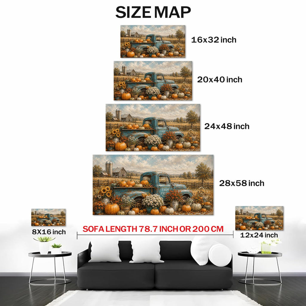 Truck Fall Canvas Wall Art, Rustic Farmhouse Painting Pictures Autumn Thanksgiving Artwork, Vintage Blue Farm Fresh
