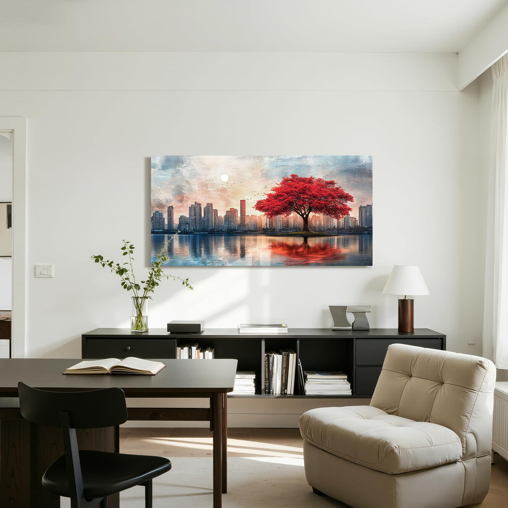 City Skyline Wall, Red Tree Landscape Large Painting 20x40in