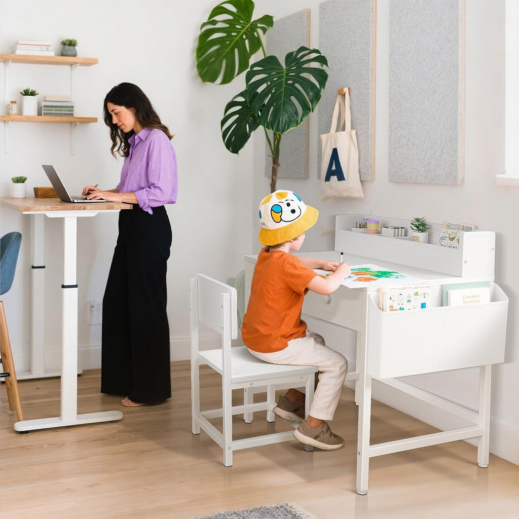 White Kids Desk and Chair Set for 5-8 Year Old, Small Child Desk with Fabric Drawer, Children Study Table