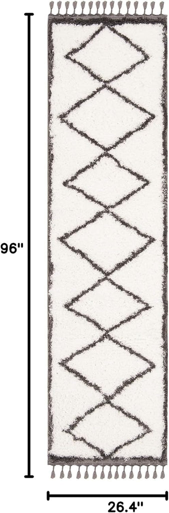 Carmella Shag Collection Runner Rug - 2'2" x 8', Cream & Grey, Moroccan Tassel Design, Non-Shedding & Easy Care