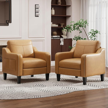 PU Leather Accent Chair, Mid-Century Modern Living Room Armchair Sofa with Removable Cushions, Solid Wood - Set of 2