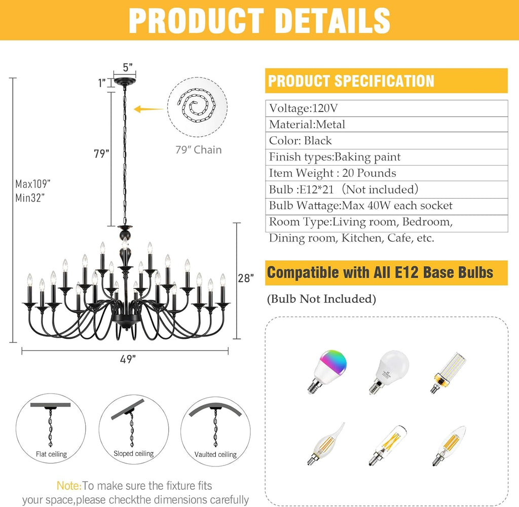 Black Chandelier 21 Light, Large Farmhouse Chandeliers for Dining Room Light Fixtures Over Table, 3 Tier Industrial Candle Hanging Lighting Fixture for Living Room Foyer Staircase Restaurant Villa A109-B0DLKR1C9X