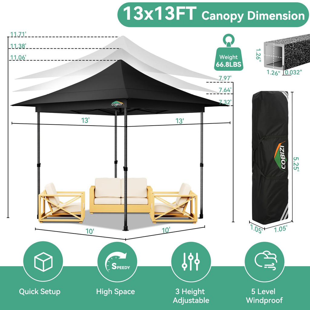 13x13 Pop Up Canopy Tent Heavy Duty with Auto-Extending Eaves