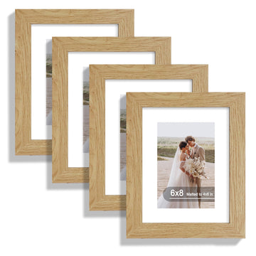 6x8 Picture Frame Set of 4, Real Glass and Wooden Frame, 4x6 Mat