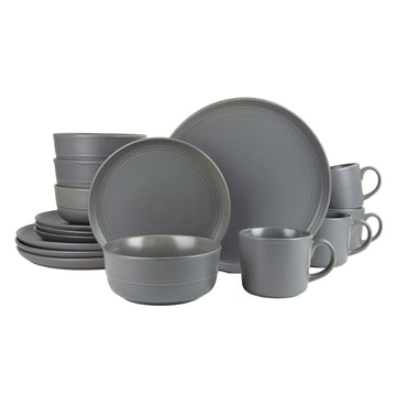 Double Line 16 Piece Dinnerware Set, Matte Gray
