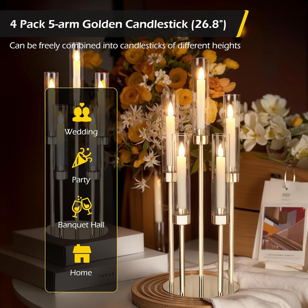 Gold Candelabra Centerpiece 4 Set 26.8'' Tall Candle Holder Centerpiece for Tables, 5 Arms Candlestick Holders with