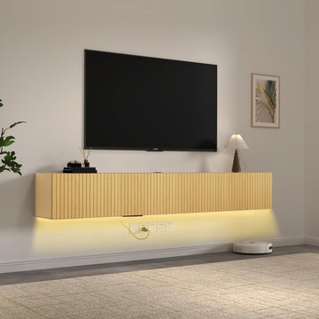 82" Floating TV Stand with LED Lights & Charging Station, Wall Mounted Entertainment Center for 75 80 inch TV, Modern