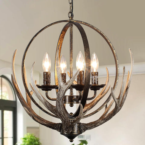 20" Retro Antler Chandelier, 4-Light Rustic Farmhouse Black Chandeliers Adjustable Height for Dining Room Kitchen