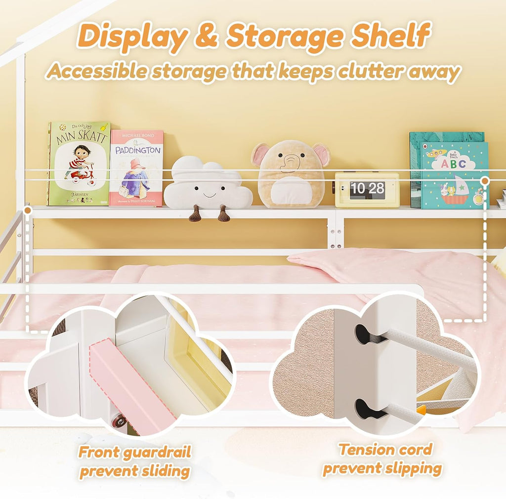 House Bed with Storage Organizer, Metal Montessori Floor Bed for Kids