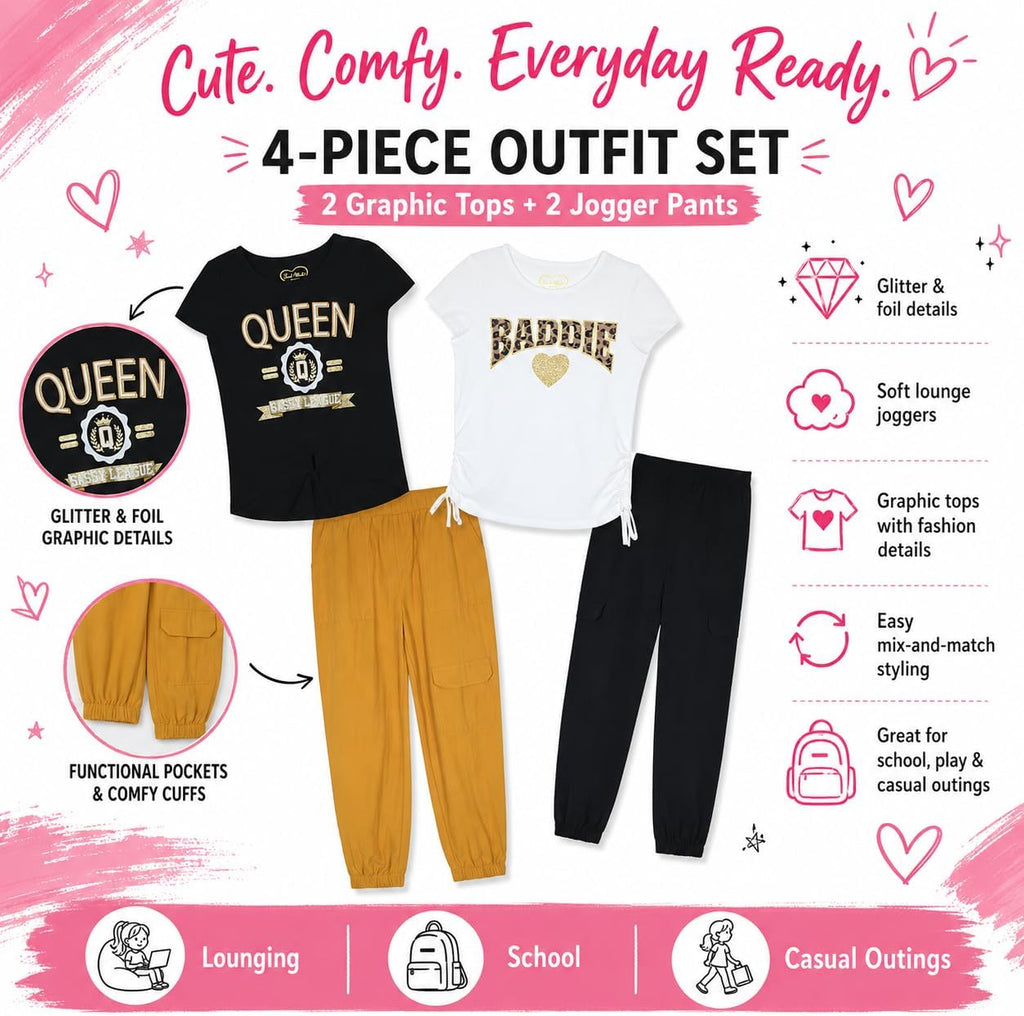 Girls 4 Pack Jogger Pants Set, Glitter and Foil Graphic Sweatpants, Soft Fleece Lounge Pants