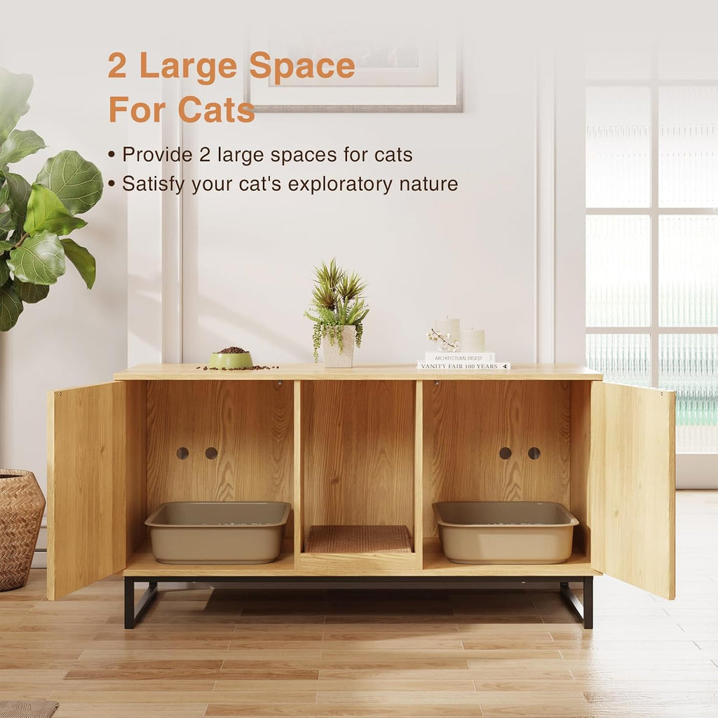Cat Litter Box Enclosure for 2 Cats, 47.6'' Litter Box Furniture Hidden with Scratch Pad, Double Room Large Cat