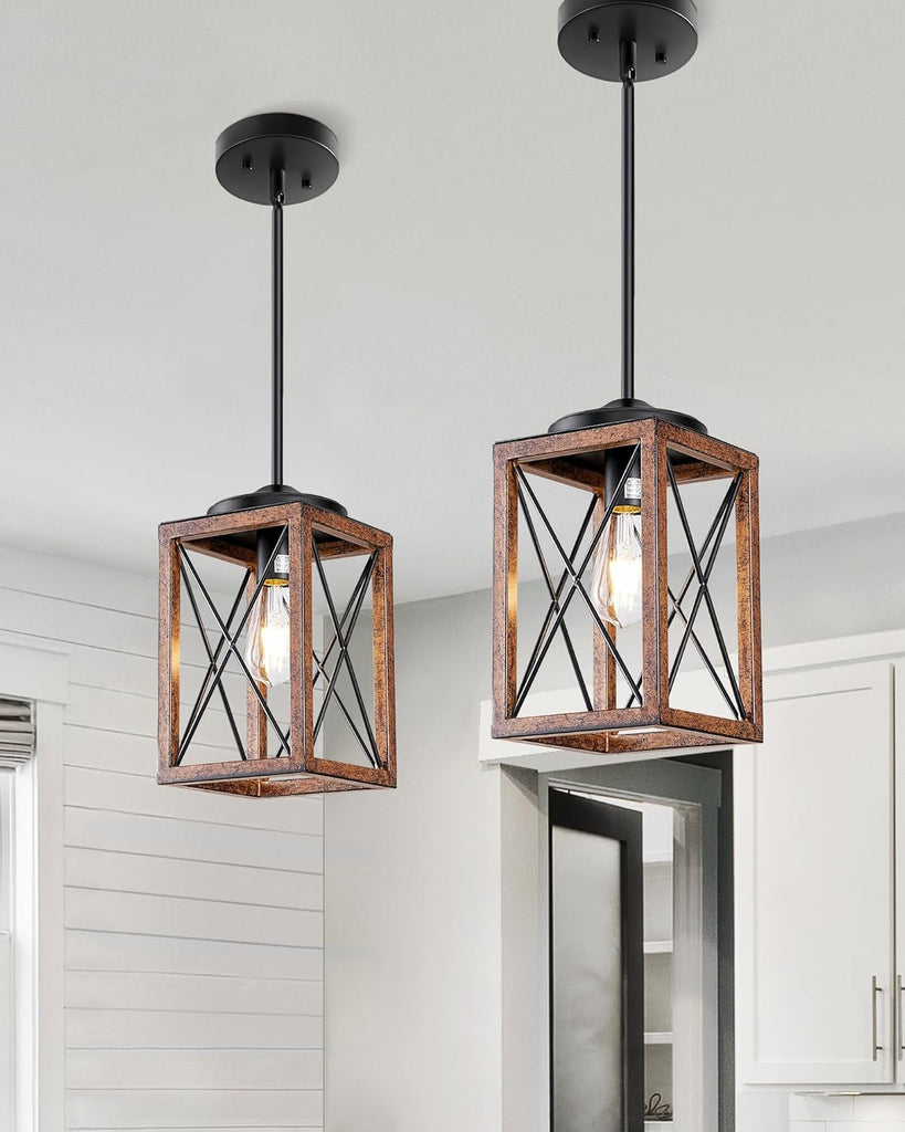 2 Pack Farmhouse Pendant Light, Metal Hanging Light Fixture with Wooden Grain Finish, 48 Inch Adjustable Pipes for
