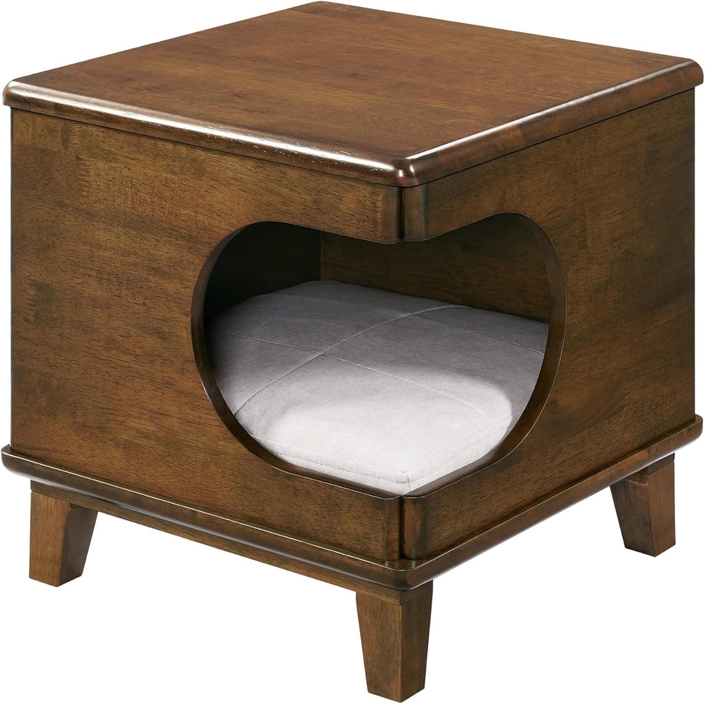 Beryl Rubber Wood 2-in-1 Cat House End Table with Cushion, Multi-Functional Pet Side Table Cat Cave Nightstand
