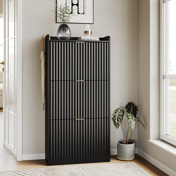 Black Fluted Shoe Cabinet, Narrow Entryway Storage Rack Organizer