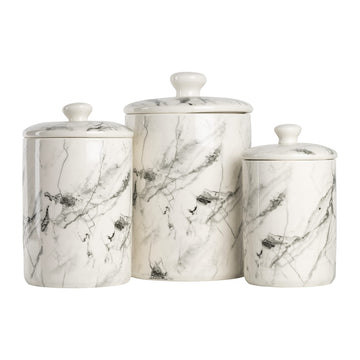 Marble Ceramic Kitchen Canister Set, Set of 3, White/Black