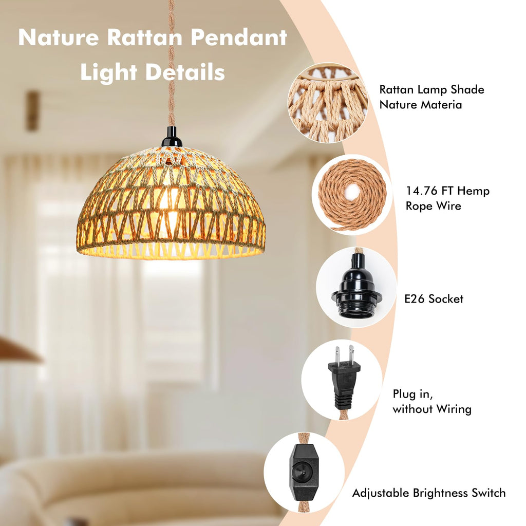 Plug in Pendant Light Rattan Hanging Lamp with 15 Ft Hemp Rope Cord