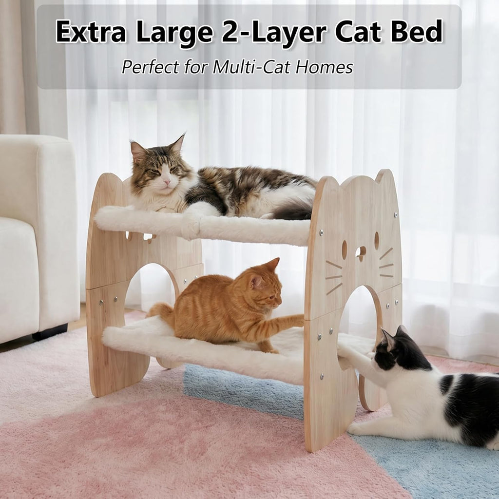 Elevated Cat Bed, Solid Rubberwood Cat Hammock with Breathable Cover