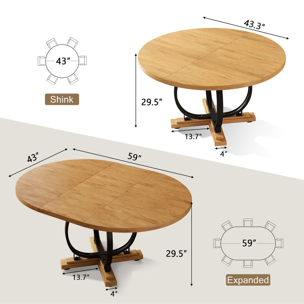 59" Extendable Round Dining Table for 4-6, Modern Oval Kitchen Table with Heavy Duty Curved Legs & Pedestal Base