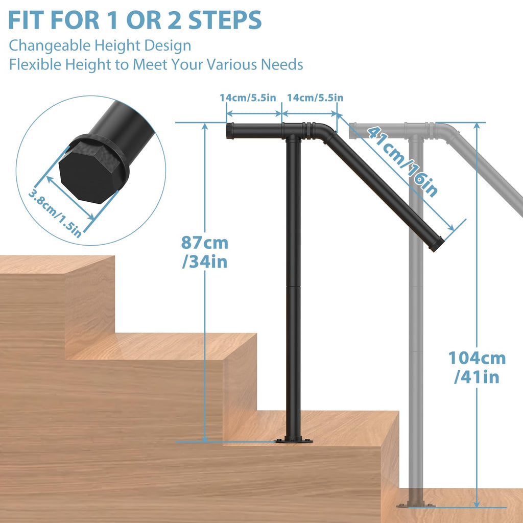 2 Pack Hand Rails for Outdoor Steps Fit 1 to 2 Step, HandRails Outdoor Stair Railing, Sturdy Single Post Metal Porch