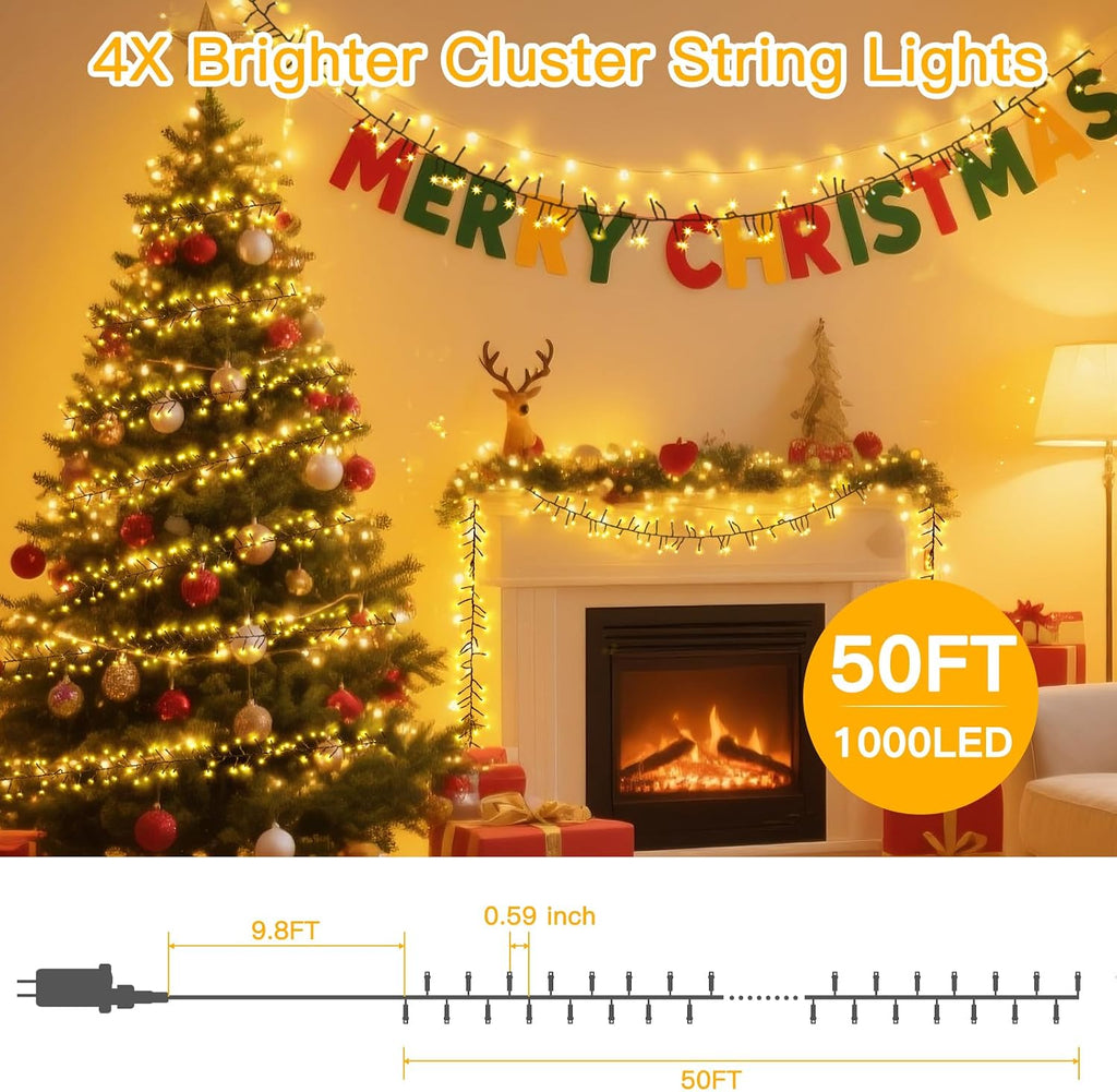1000 LED 50FT Cluster String Lights, Outdoor Warm White Waterproof Christmas Tree Firecrackers String Lights with 8