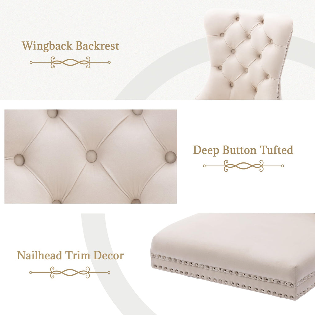 Beige Velvet Dining Chairs Set of 4, Elegant Tufted & Nailhead, Wood Legs