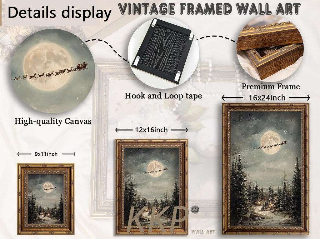 Vintage Santa Sleigh Framed Wall Art Antique Christmas Night Full Moon Snowy Winter Forest Farmhouse Holiday Wall