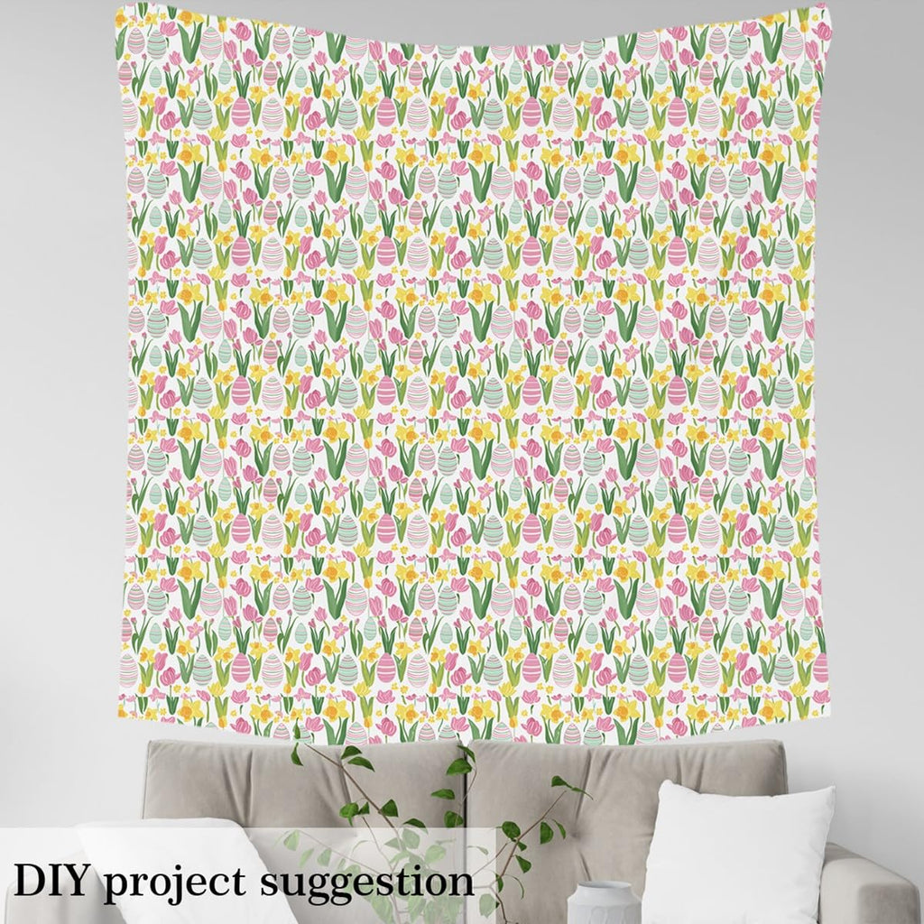 Tulip Eggs Fabric By The Yard, Cartoon Easter Cartoon Decorative Fabric, Petals Flowers Pink Upholstery Fabric