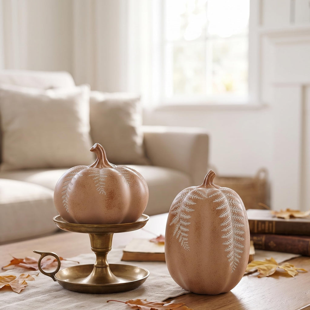 2Pcs Resin Pumpkin Figurines, Fern Fall Thanksgiving Decor