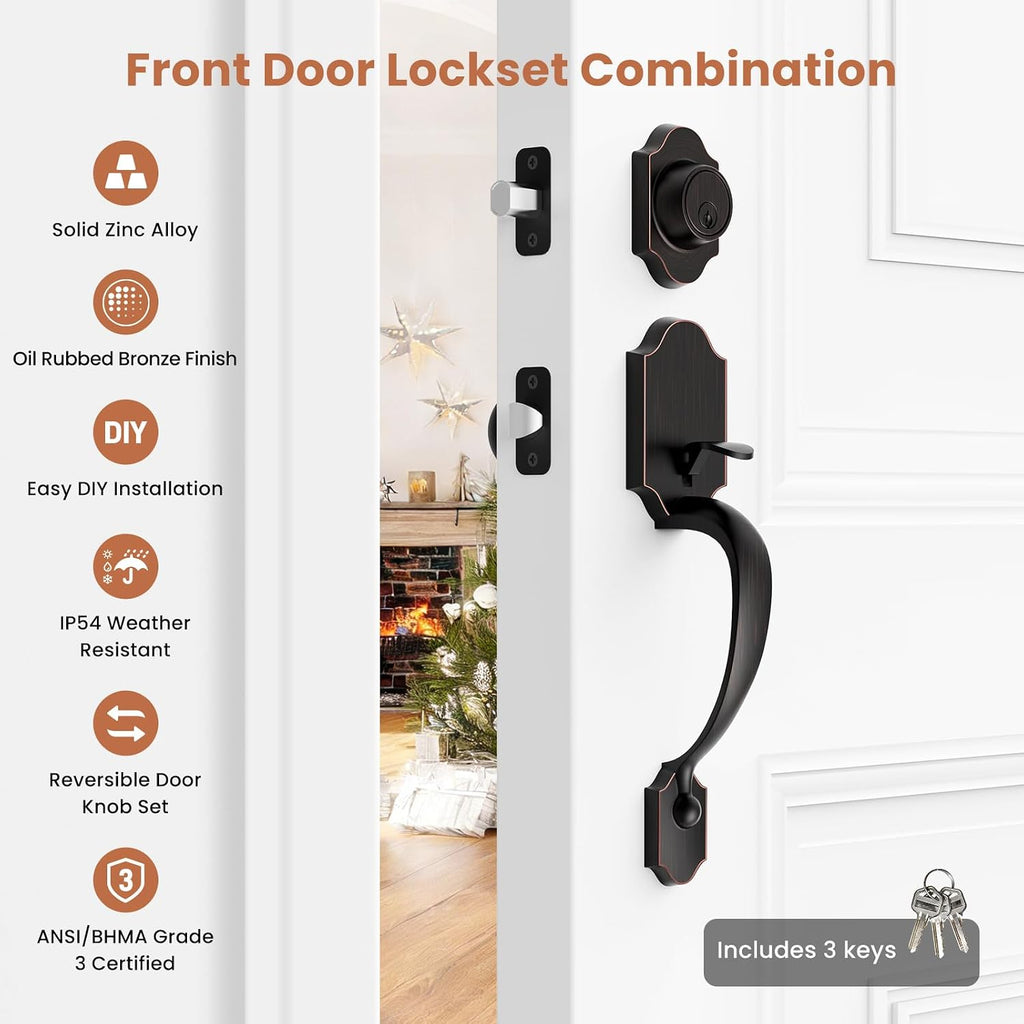 Entry Door Lock and Deadbolt Set, Aged Bronze Exterior Door Handle with Interior Door Knob for Entry Doors, Front
