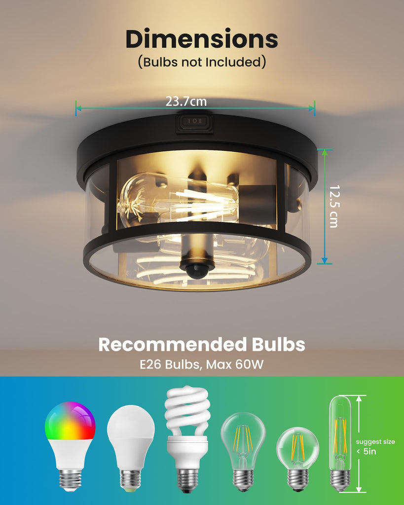 Outdoor Ceiling Light with Motion Sensor 9.3in - Porch Lights Outdoor, E26 Base, Flush Mount, 360° Detection, 3 Modes