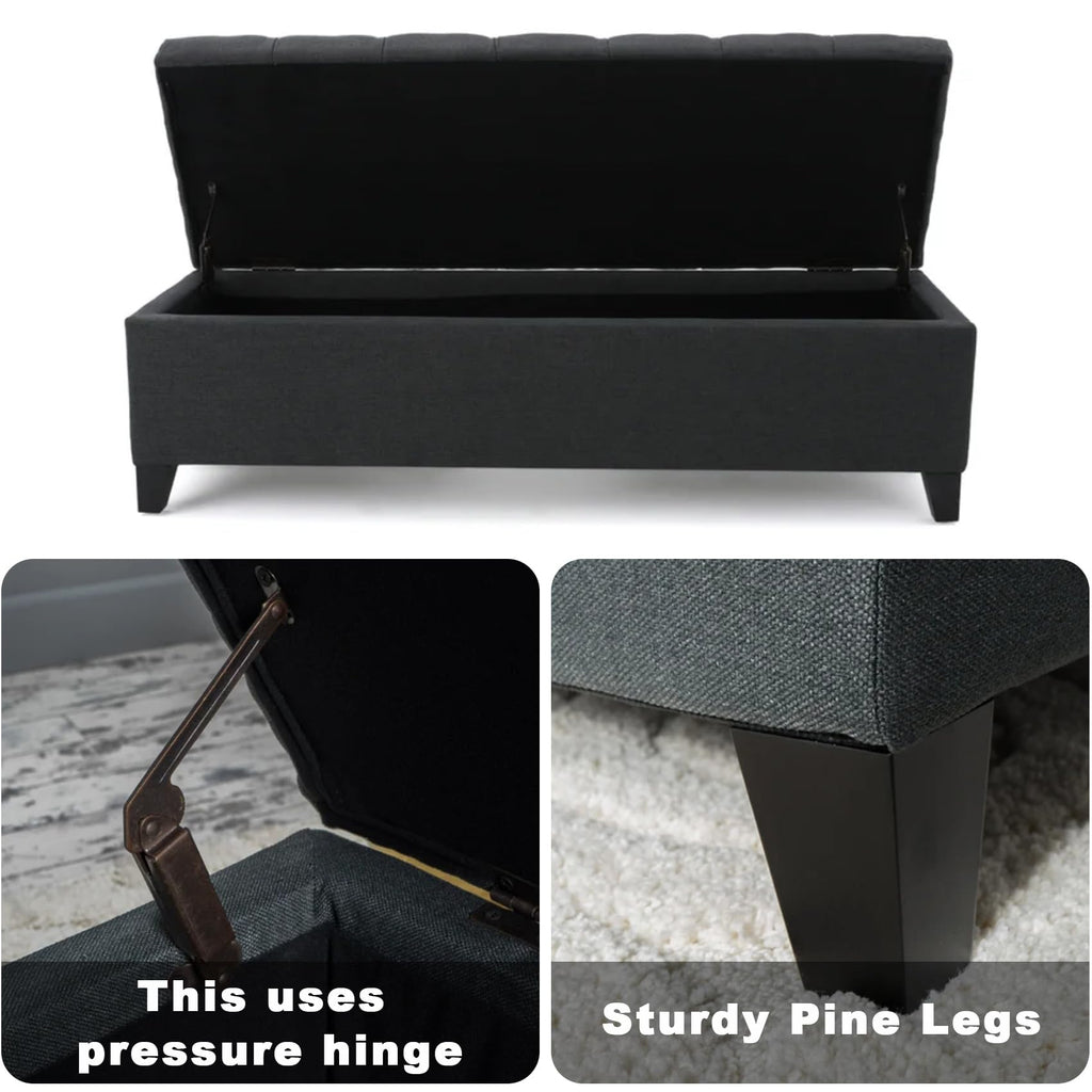 Storage Ottoman Bench End of Bed, Gray Ottoman with Pressure Hinges, Benchs Seating with Storage, Button Tufted Bench