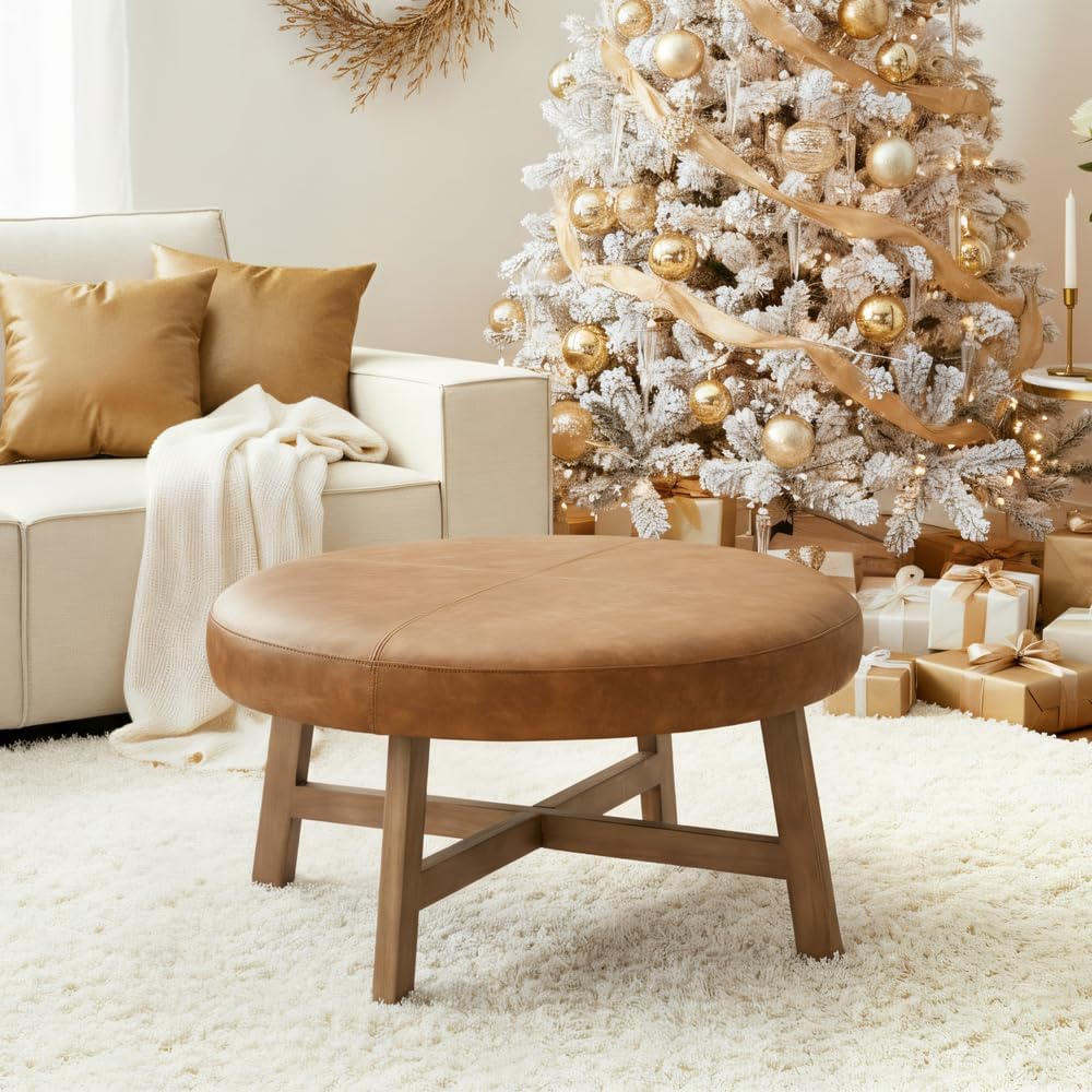 33 Inch Round Coffee Table, Leather Ottoman (Brown) | Upholstered Round Ottoman Easy to Assemble, Mid Century Modern