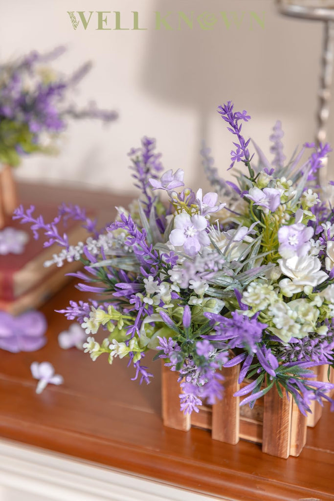 Artificial Lavender Plants in Wooden Baskets - Set of 2