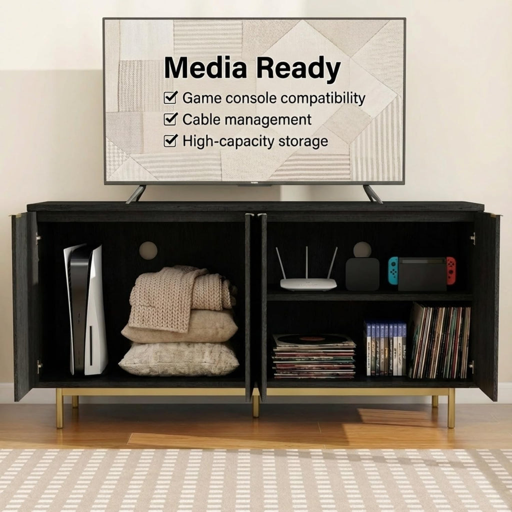58 Inch Black TV Stand for 65 Inch TV, Modern Fluted Media Console Table with 4 Doors, Large Entertainment Center