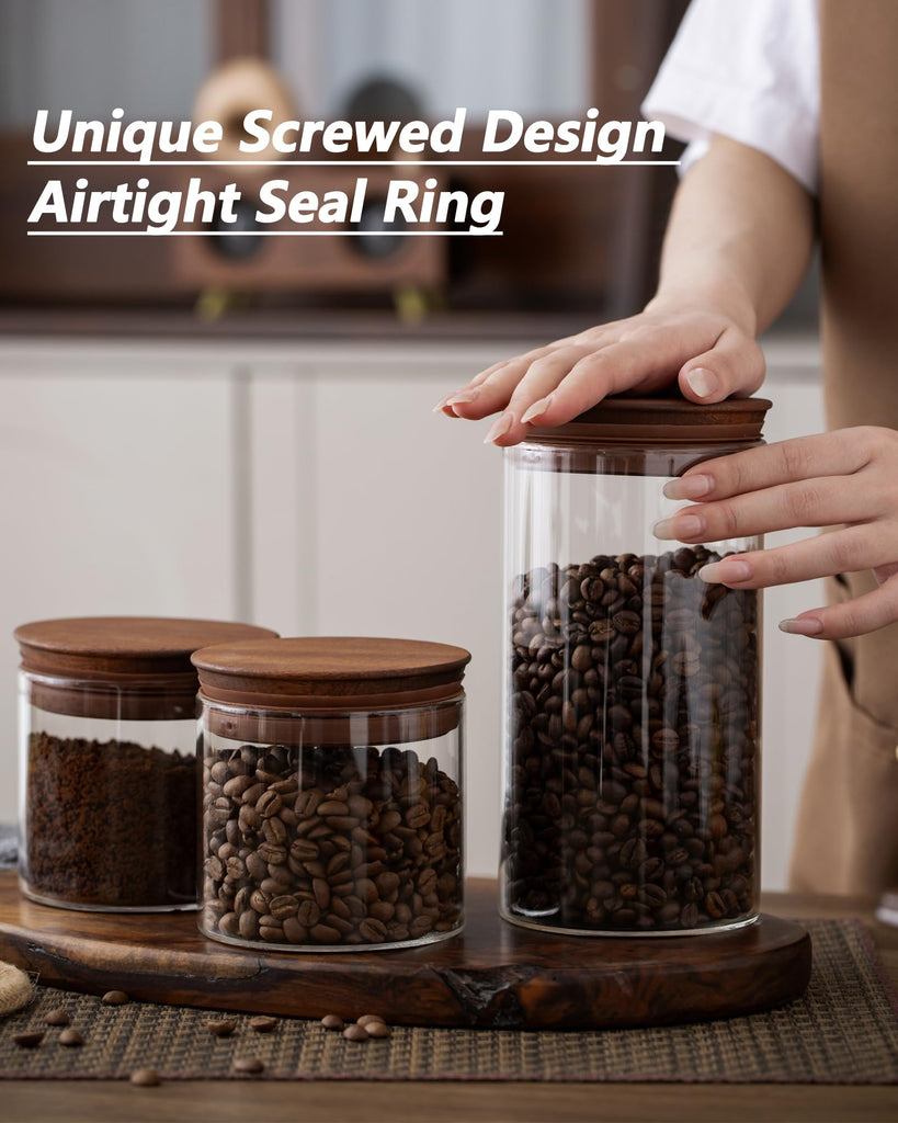 37 oz Coffee Canister with Scoop and Wooden Lids, Airtight Storage Container Sets of 2 for Ground Coffee & Beans