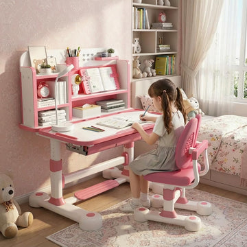 Kids Ergonomic Desk and Chair Set, Height Adjustable School Study Table with Bookshelf, Drawer and Spine Support