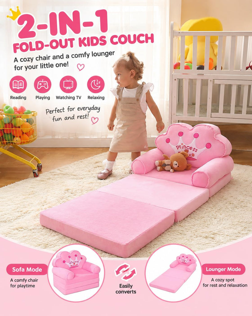 Kids Couch Fold Out, Foldable Princess Chair for Toddlers, Pink