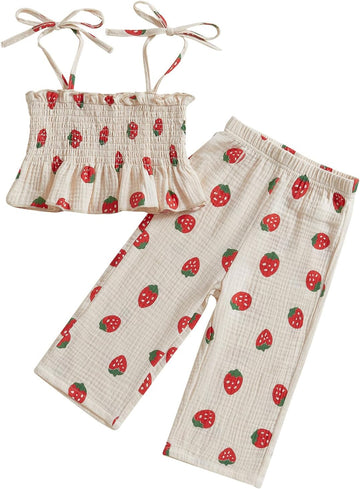 Toddler Baby Girl Strawberry Outfit Cotton Linen Sleeveless Ruffle Crop Tops Pants Set 2Pcs Cute Summer Clothes